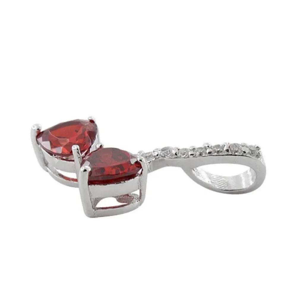 Sterling Silver Cherry Hearts Garnet CZ Necklace Pendant New